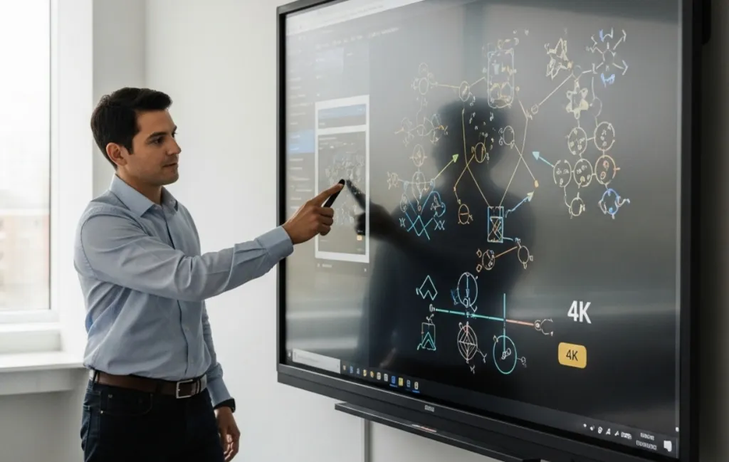 a man stands in the front of the whiteboard with one board pen