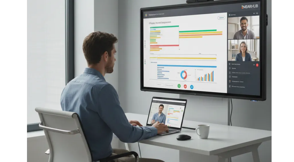 A professional using a NearHub interactive whiteboard for a video meeting in a home office, representing high-paying flexible remote jobs and modern flexible schedule careers.