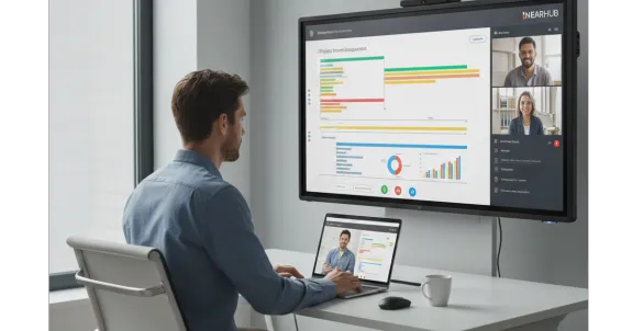 A professional using a NearHub interactive whiteboard for a video meeting in a home office, representing high-paying flexible remote jobs and modern flexible schedule careers.