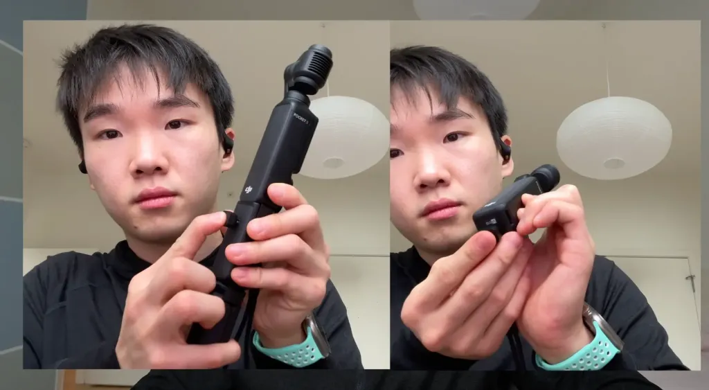 Jason Huang connecting the USB-C dongle of his Nearity Menpod Fit 2 open ear headphones to a DJI Pocket 3, demonstrating seamless audio workflow for vlogging and content creation.