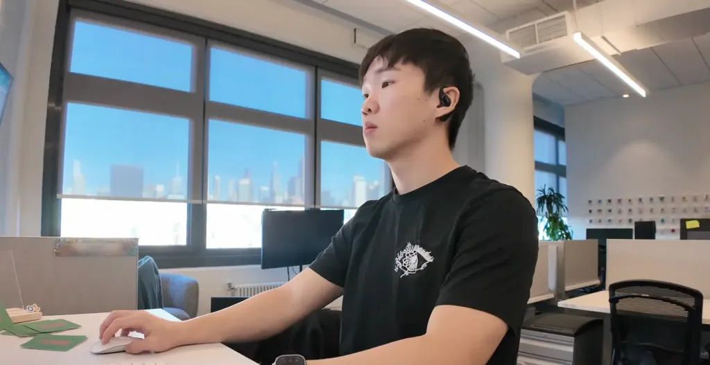 Jason wearing the Mempod Fit 2 while working.