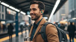 A young professional commuter wearing Mempod Fit 2 open-ear earbuds, holding a coffee travel mug and carrying a sleek backpack, walking on a busy city street with light rain. The image highlights practical commuter essentials and wearable tech in a modern