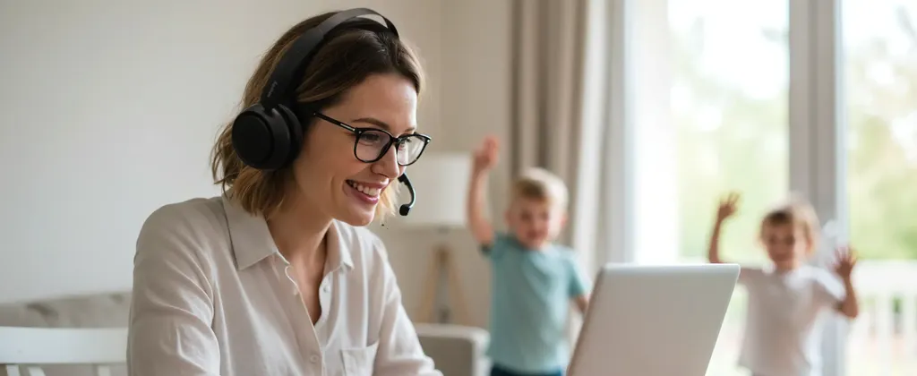 A woman wearing the ep320 while an online meeting