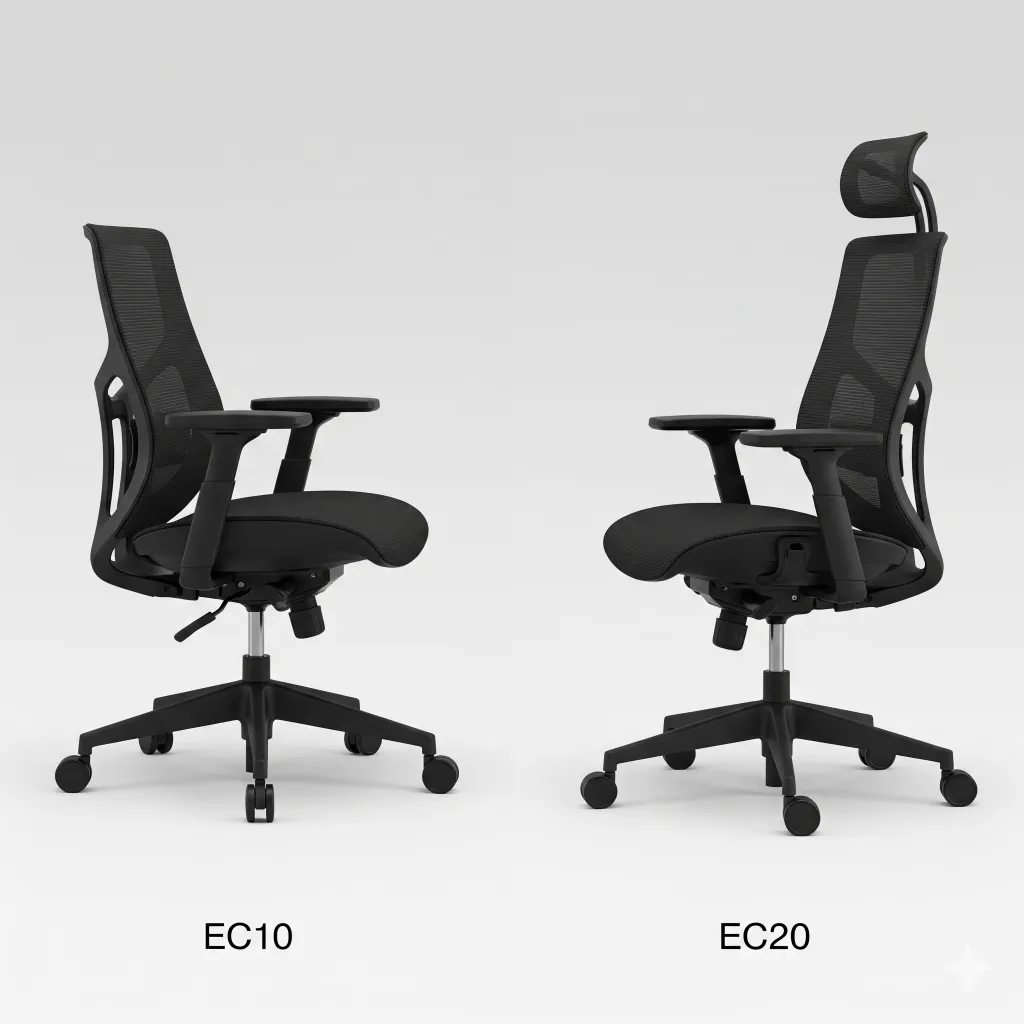 A side-by-side comparison of two black mesh ergonomic chairs: a streamlined value model on the left and a more robust pro version with 3D armrests on the right.