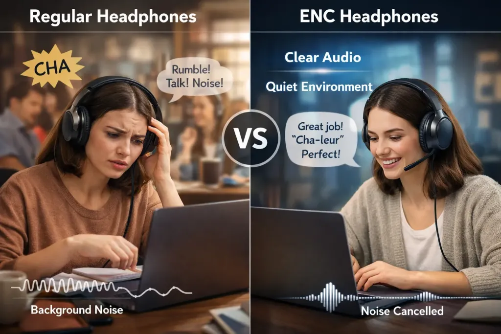 Comparison of regular headphones vs ENC headset for clear language learning in noisy environments
