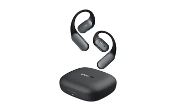 Mempod Fit 2 open-ear wireless earbuds with dongle for seamless switching between iPhone, iPad, and Mac.