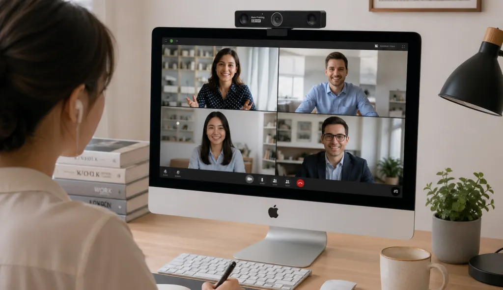 A woman uses the best webcam for iMac for meetings.