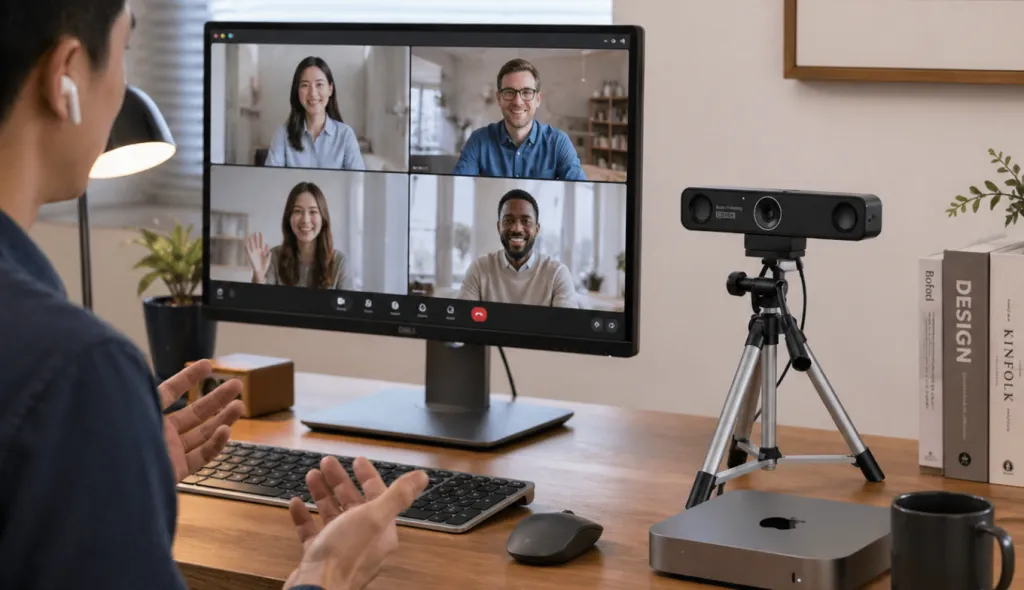 A man using webcam for meeting.