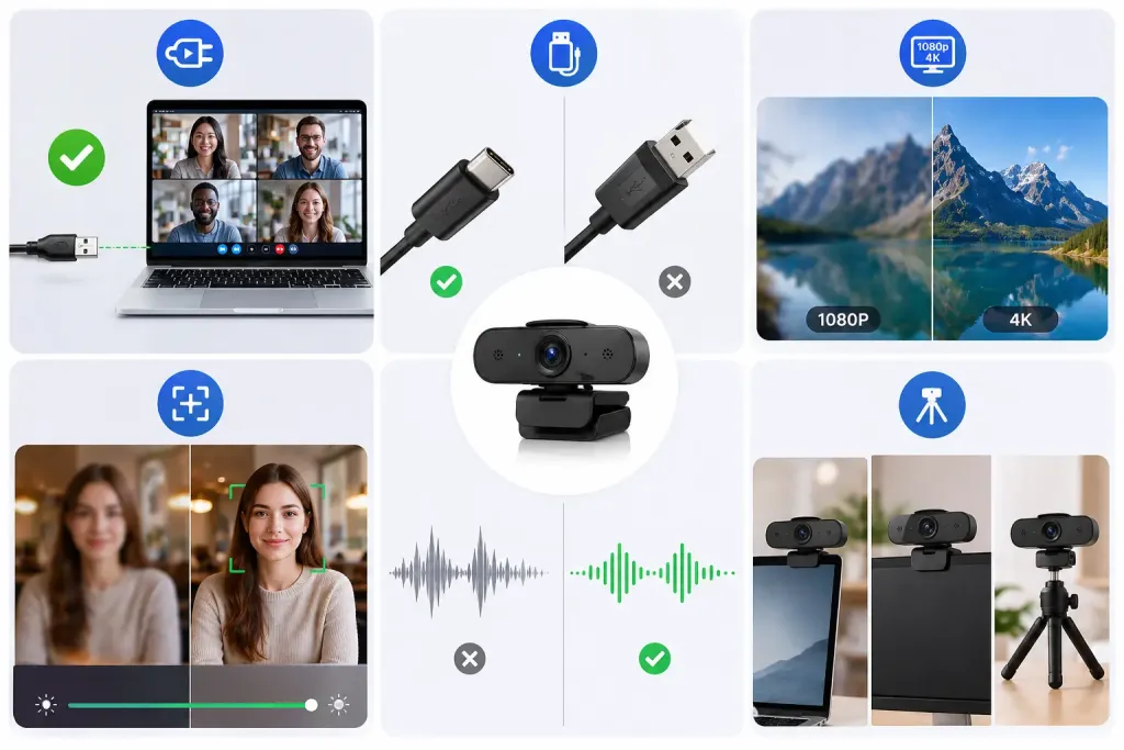 Webcam feature infographic showing USB-C, 4K, autofocus, mic, and flexible mounting.