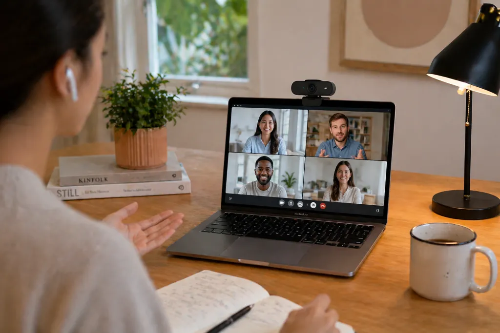 A woman using webcam on the macbook air for meeting.