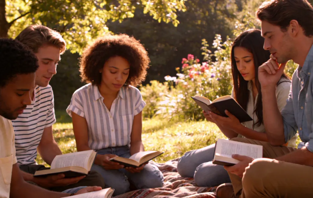 a group of people study the bible together