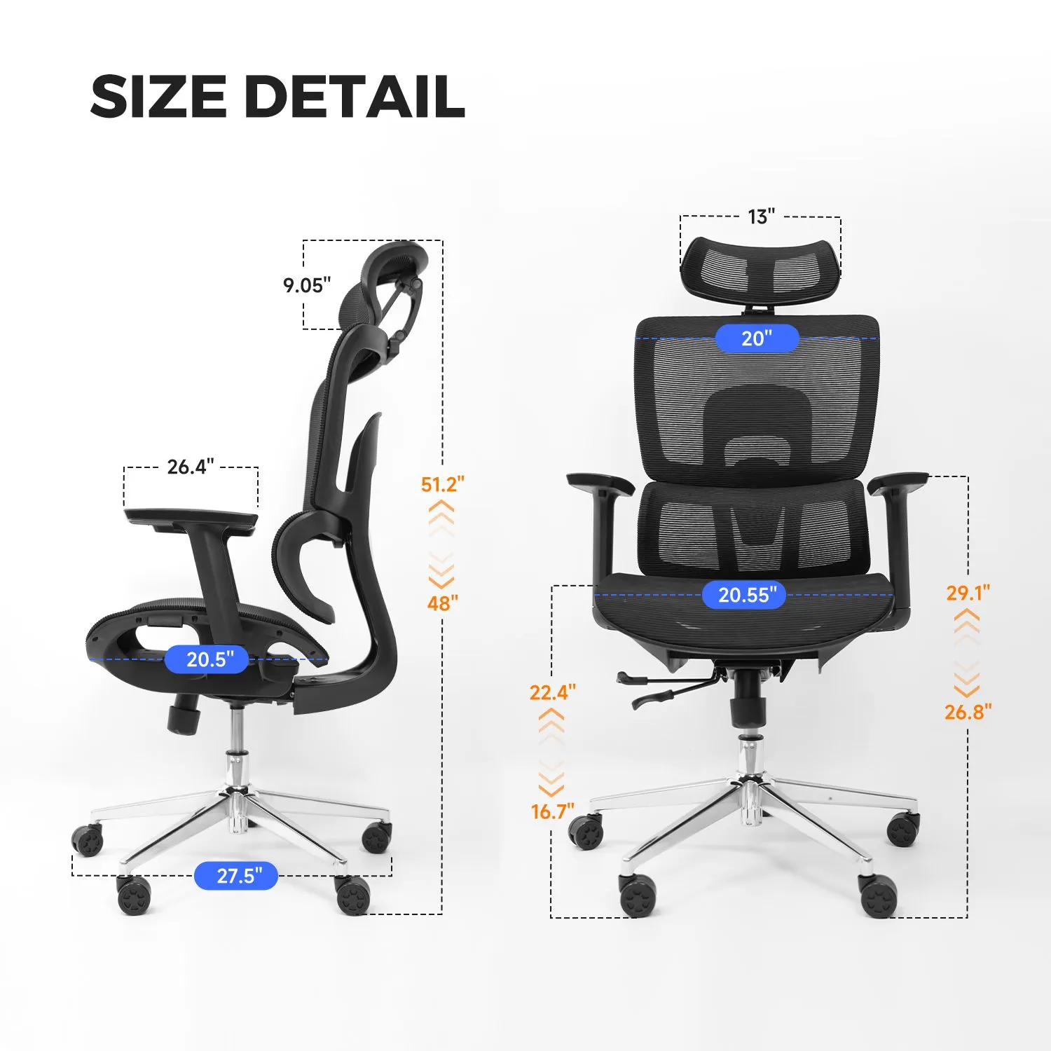 Size details of height adjustable chairs