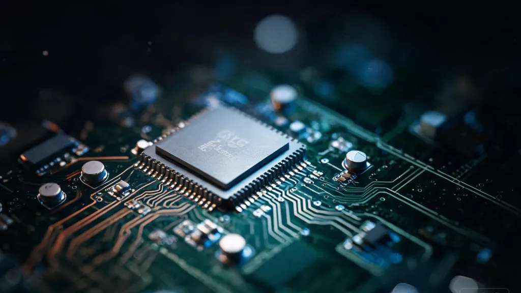 Close-up of a circuit board with a Bluetooth wireless chip, subtle blue LED light reflecting off metallic components