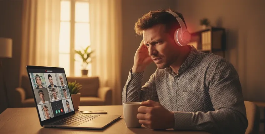 Frustrated professional experiencing Bluetooth headset audio dropouts and glitches during video call on laptop