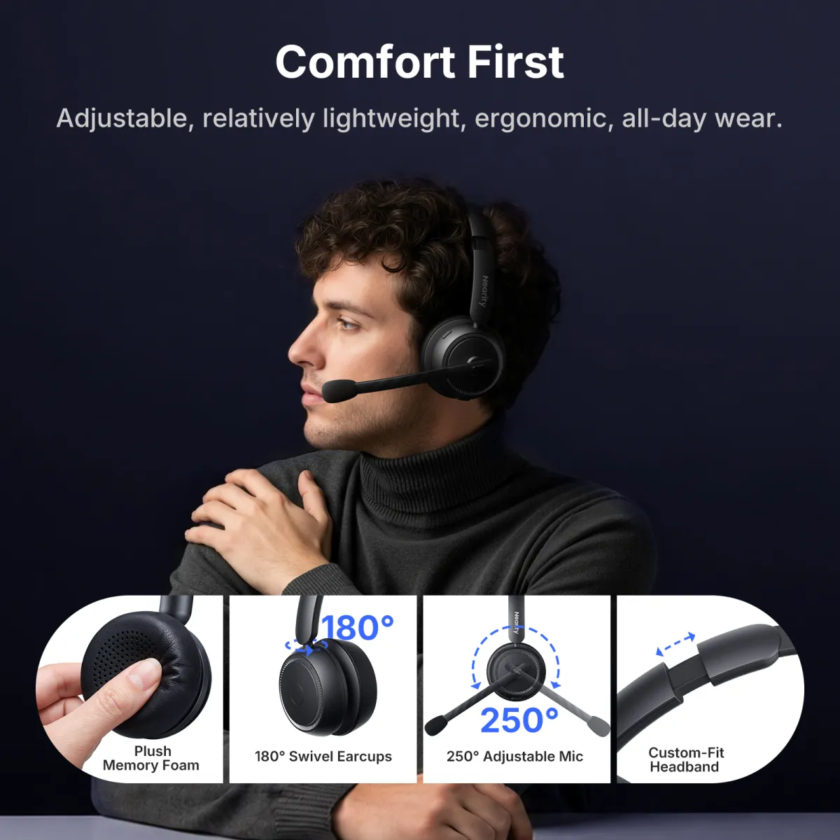 bluetooth noise cancelling headset with mic comfort