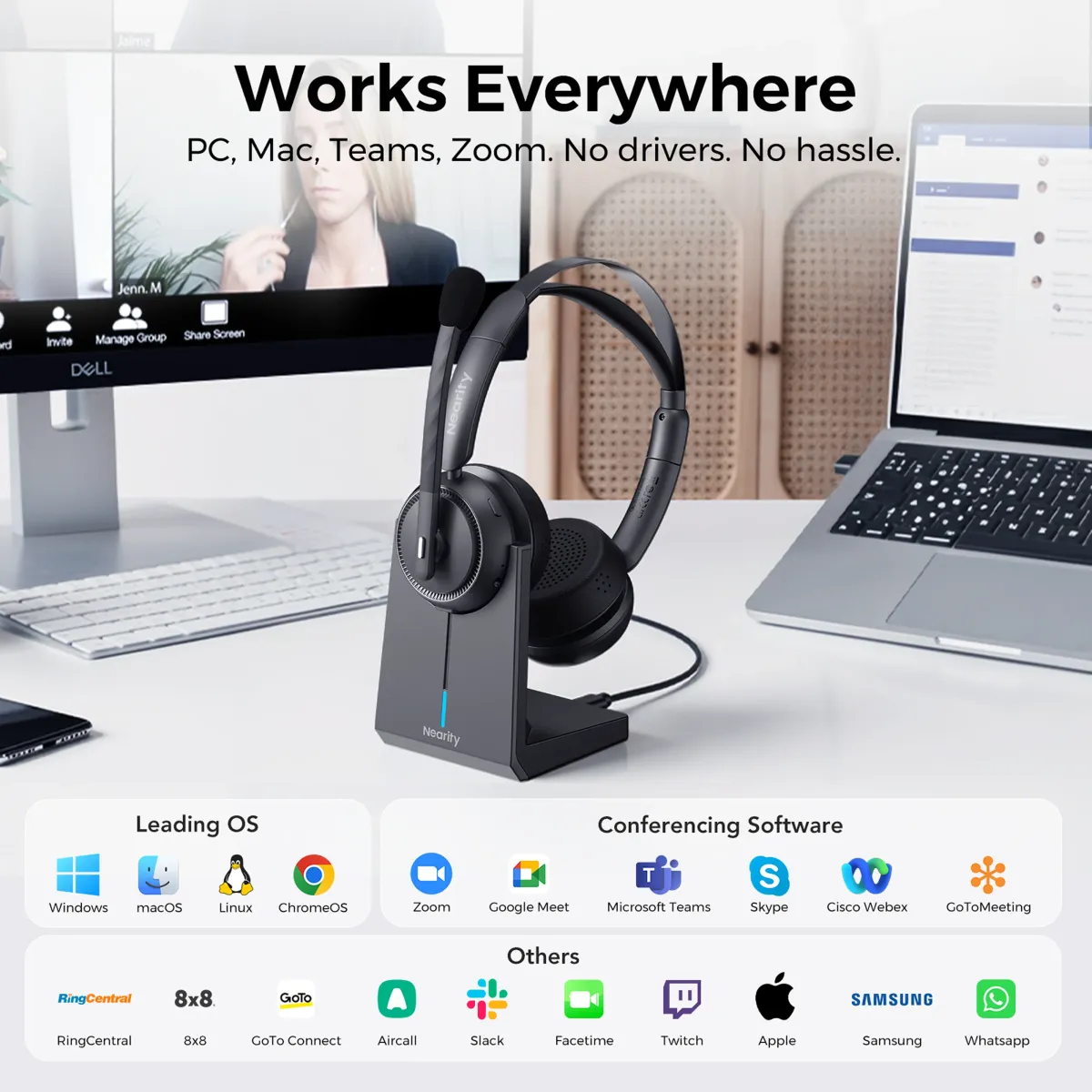 Nearity work from home headset with noise cancelling microphone showing compatibility with Teams, Zoom, and leading OS.