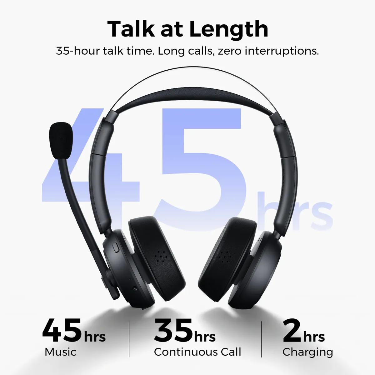 Nearity wireless headset with mic for work showing 45 hours music time and 35 hours talk time.