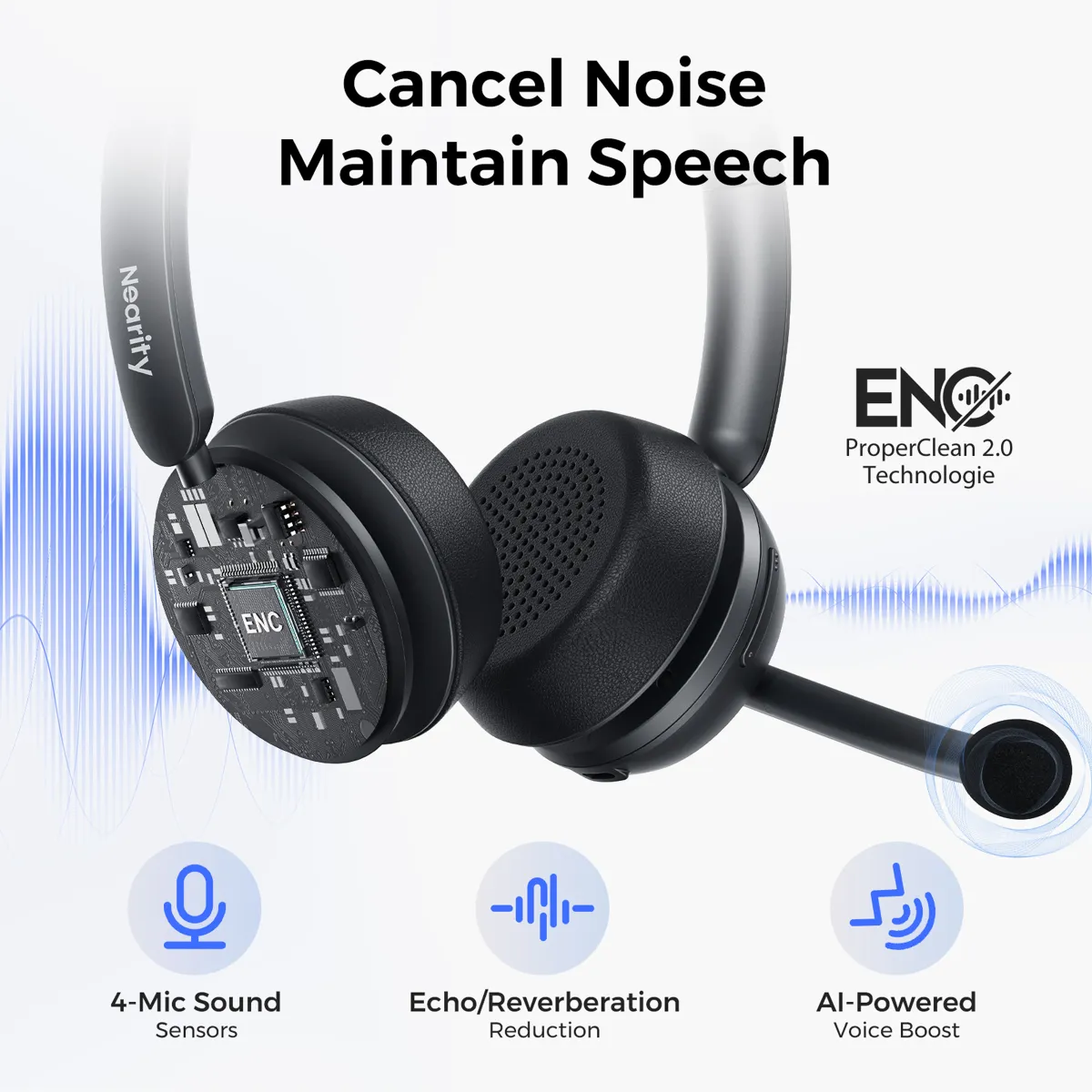 Headset with noise cancelling mic featuring ENC technology for clear speech and background noise cancellation.