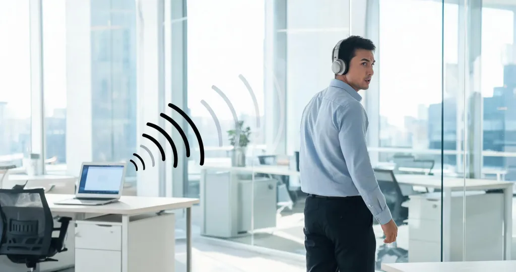Professional walking away from desk with headphones on, showing Bluetooth signal weakening with distance in a modern office