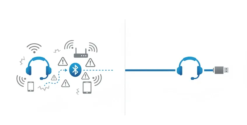 	Infographic comparing unstable Bluetooth connection with WiFi interference versus reliable dedicated USB dongle connection to headset