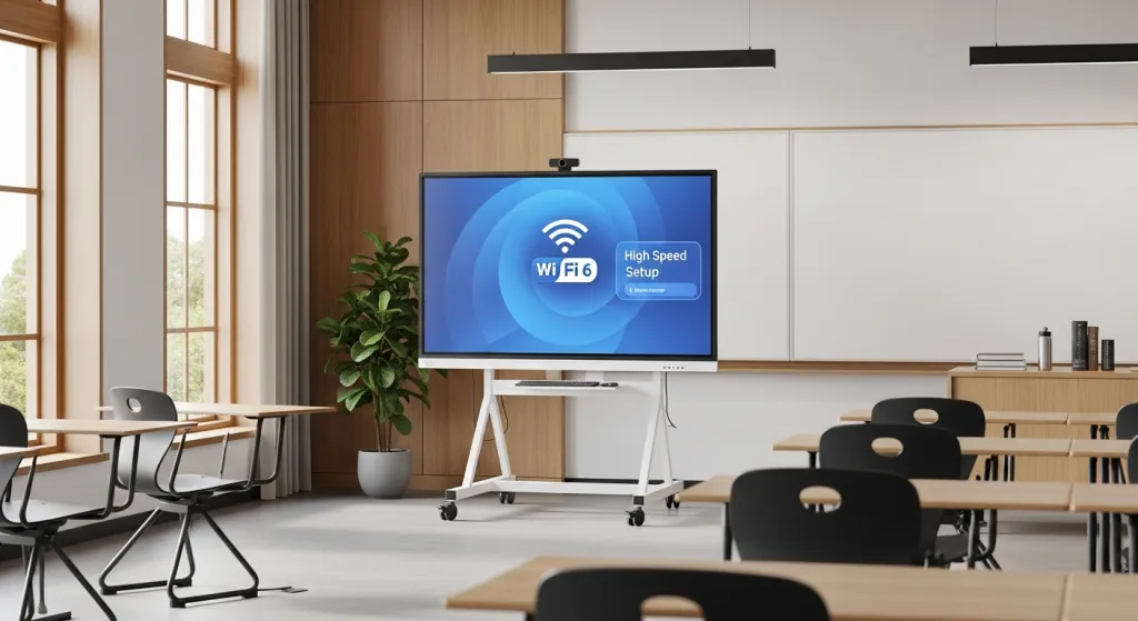 A smart interactive display mounted on a silent mobile stand in a school classroom, with the screen showing Wi-Fi 6 connectivity and a sleek plug-and-play interface.