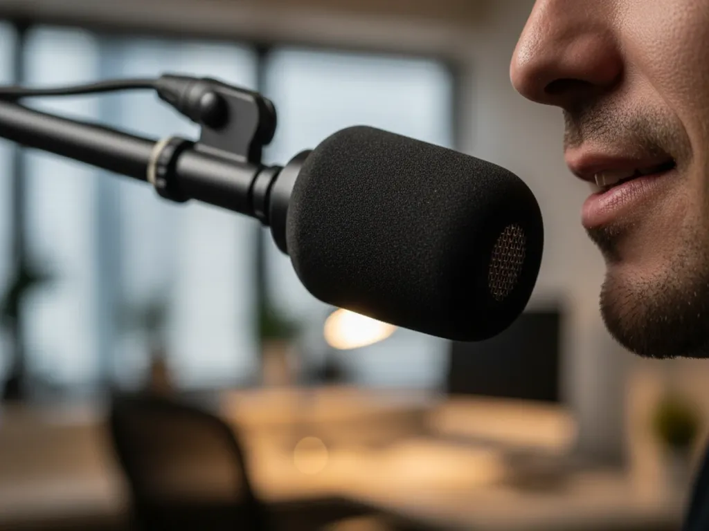 Extreme close-up macro of professional boom microphone positioned near corner of mouth for optimal voice pickup