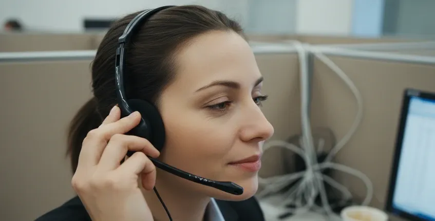Call center agent removing worn-out budget headset with flattened cushions and loose boom microphone after exhausting long shift