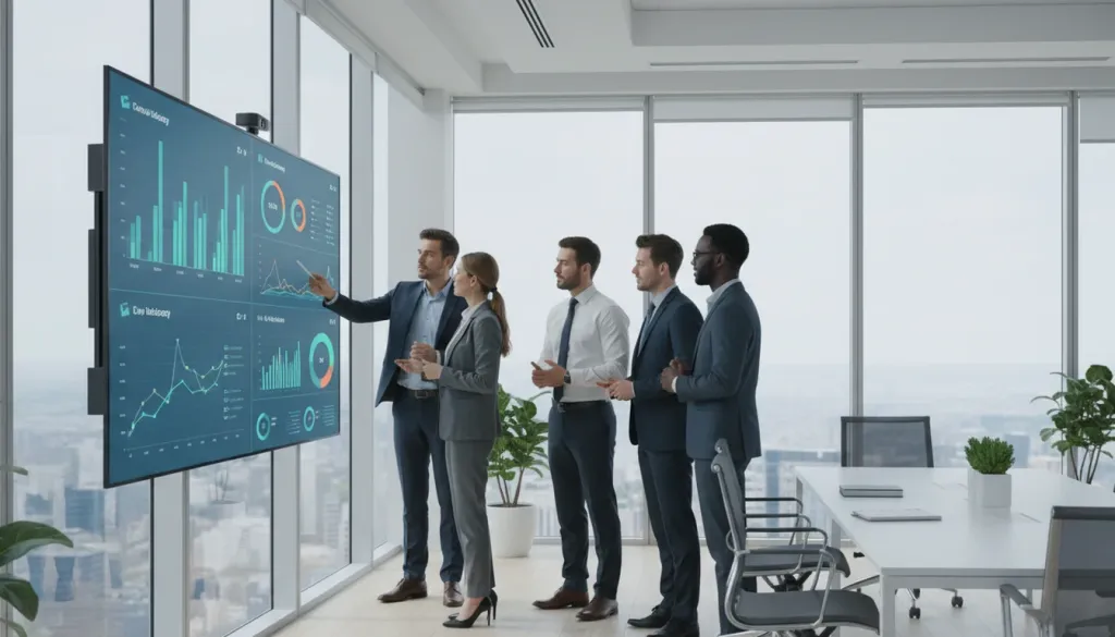 Business professionals gathered around a large analytics dashboard display discussing data and technology options, modern corporate office with floor-to-ceiling windows overlooking a city skyline