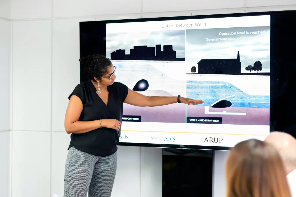 A professional woman giving a presentation on a 30-inch interactive touch screen monitor .