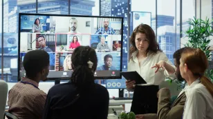business team boardroom attend videocall meeting with investors group discussing about
