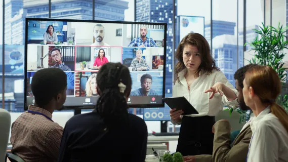 business team boardroom attend videocall meeting with investors group discussing about