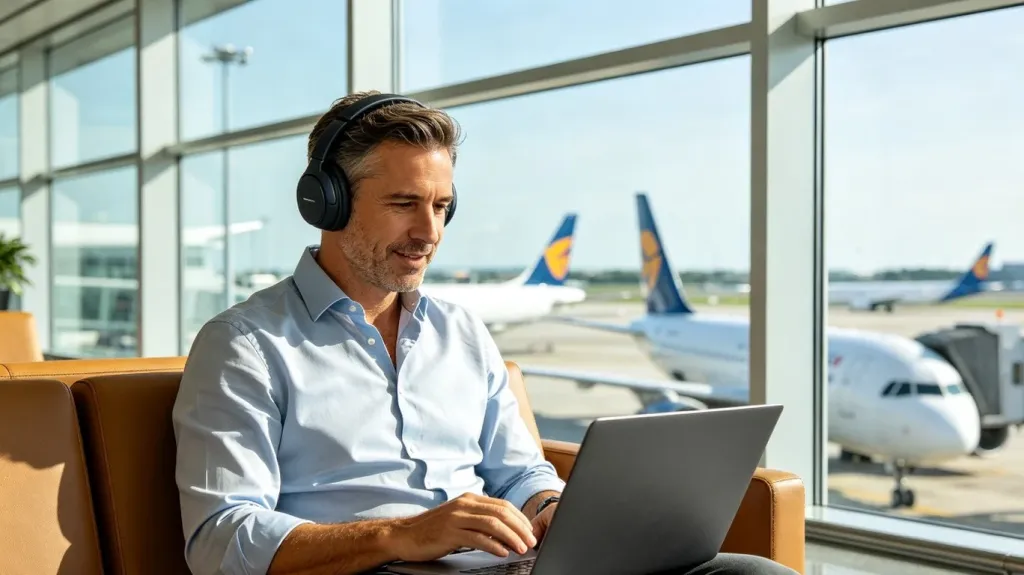 A businessman in an airport lounge wearing a wireless headset while on a video call with his laptop