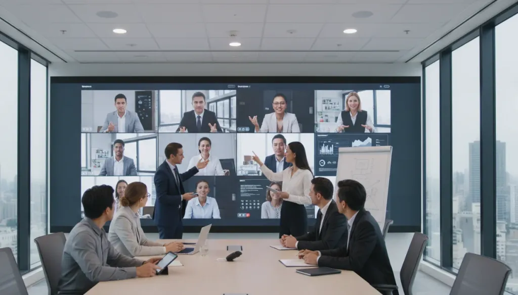 Professional business team in a modern conference room collaborating with remote colleagues on a large video wall display