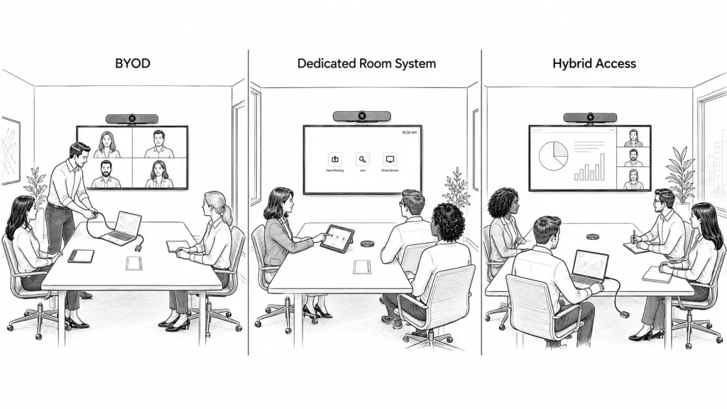 Illustration comparing BYOD, dedicated room system, and hybrid access setups for video conference rooms.