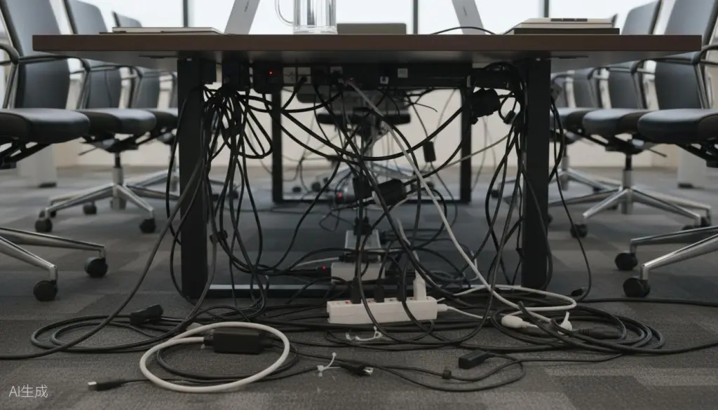 Figure 2: The cable clutter problem hidden beneath traditional conference tables