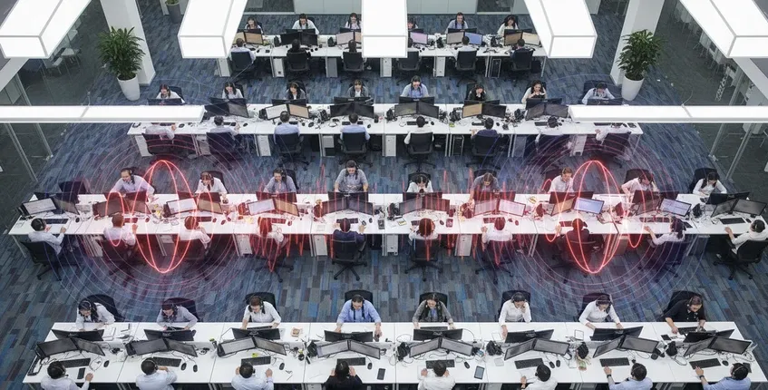 Overhead wide-angle view of large open-plan call center floor with dozens of agents and acoustic noise visualization overlay