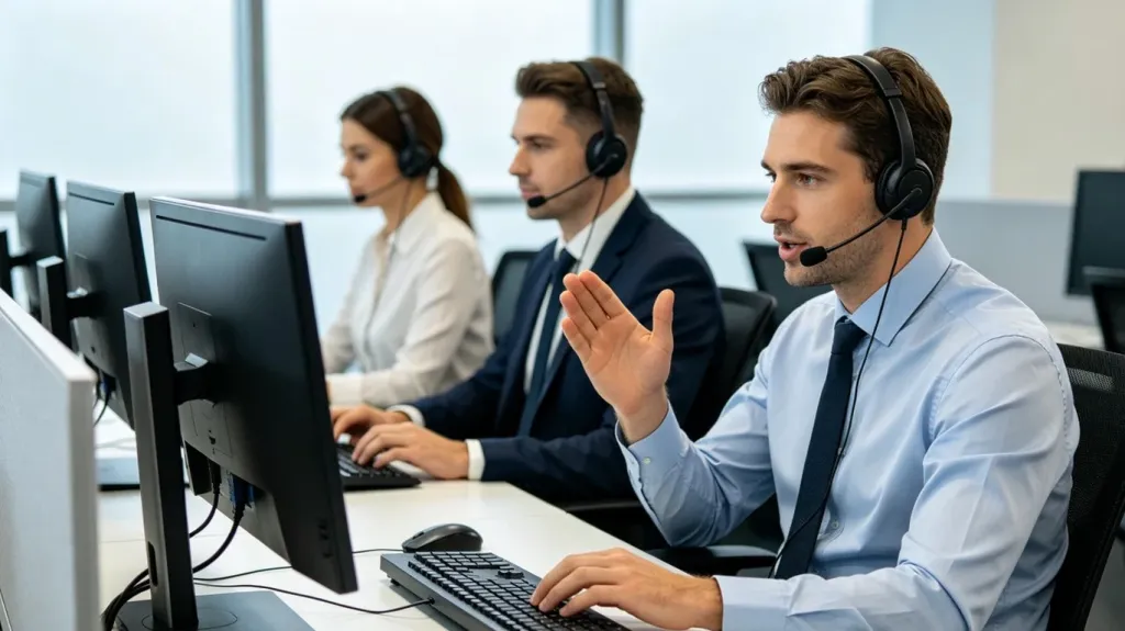 A professional call center environment with three headset-wearing agents at dual-monitor workstations in a modern office