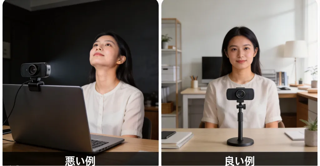 カメラの高さによる映りの違い。左：ノートPCの低い位置からの撮影（悪い例）、右：目線の高さに合わせた撮影（良い例）