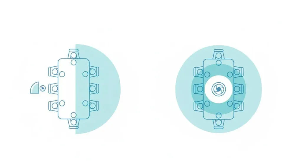 Infografik zum Sichtfeld-Vergleich: 180-Grad-Abdeckung versus 360-Grad-Panorama in Konferenzräumen