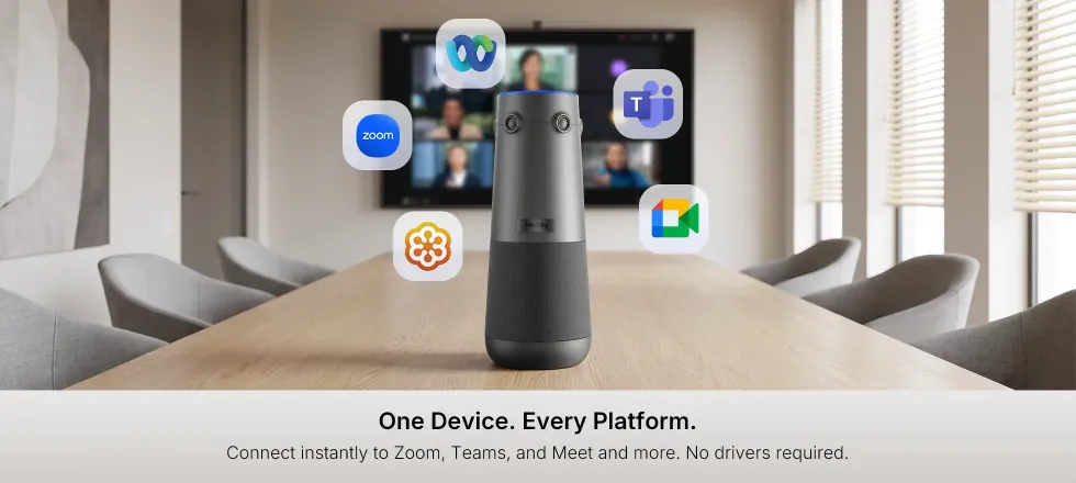 All-in-one 360 conference camera that works seamlessly with Zoom, Teams, Google Meet, and Webex without drivers.