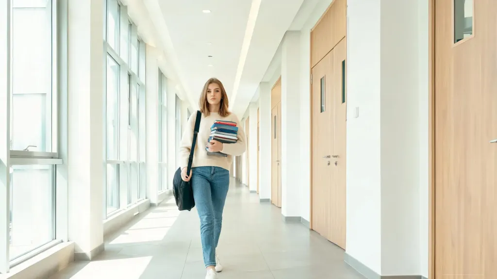 Student walking through a modern university hallway carrying books and a laptop bag, bright natural light, editorial photography style, no text, no logos, clean edges, no borders, no black bars, full bleed composition