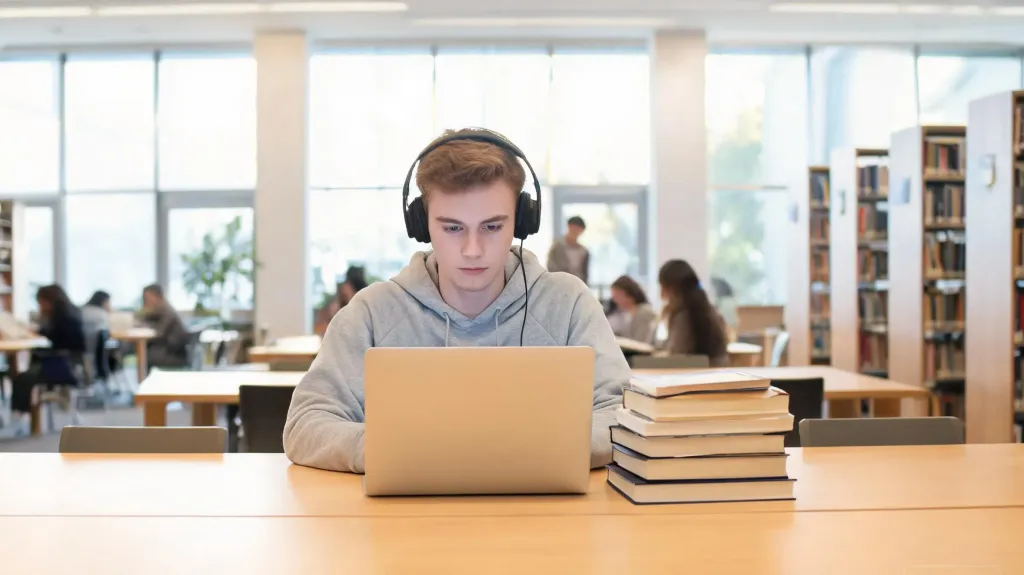 College student sitting in a modern campus library with open laptop and books, natural light streaming through large windows, clean and bright editorial photography, no text, no logos, clean edges, no borders, no black bars, full bleed composition, edge-to-edge content