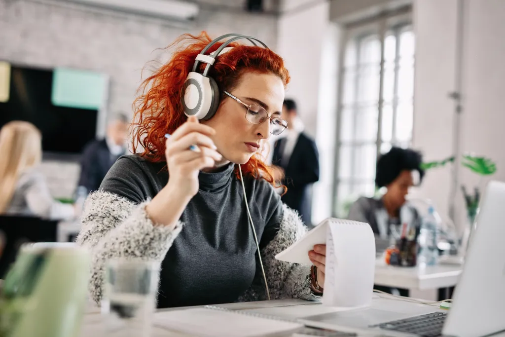 this female is using the best headset for noisy office