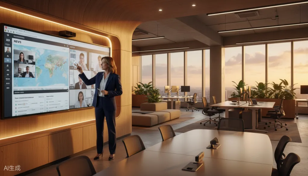 Figure 6: CEO using interactive smart board for crisis management with remote team members visible on screen