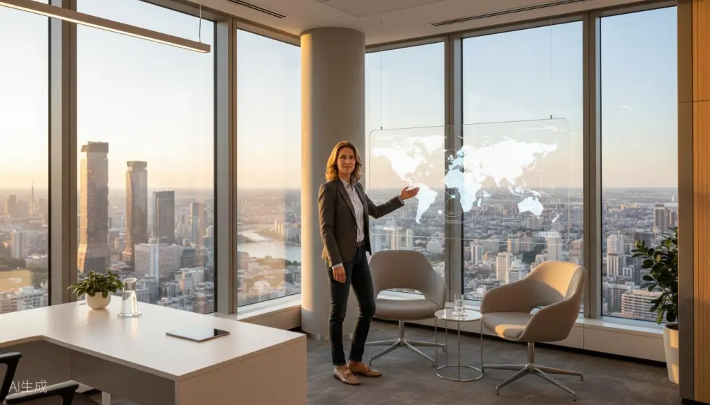 Figure 5: Executive CEO in a modern corner office with an interactive display as a digital command center