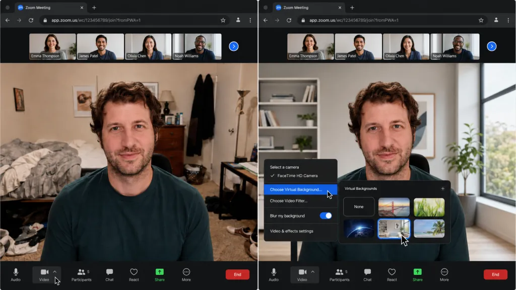 Web version of Zoom showing how to change background, with a messy room on the left and a new virtual background selected on the right