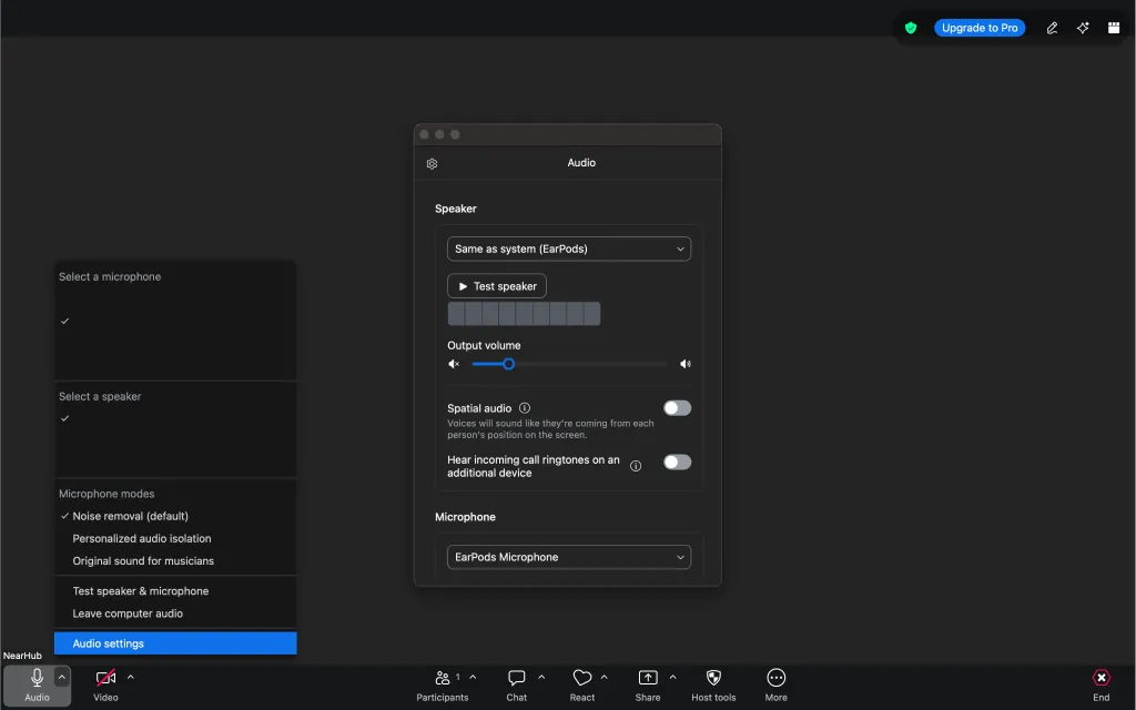 Zoom Workplace meeting screen showing audio settings for adjusting speaker and microphone volume during a video call.