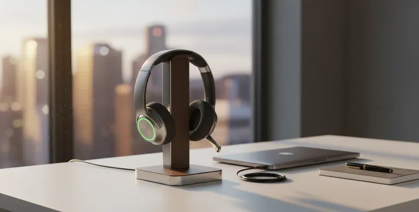 Premium wireless headset resting on charging stand at end of workday with laptop closed and warm evening sunlight through window