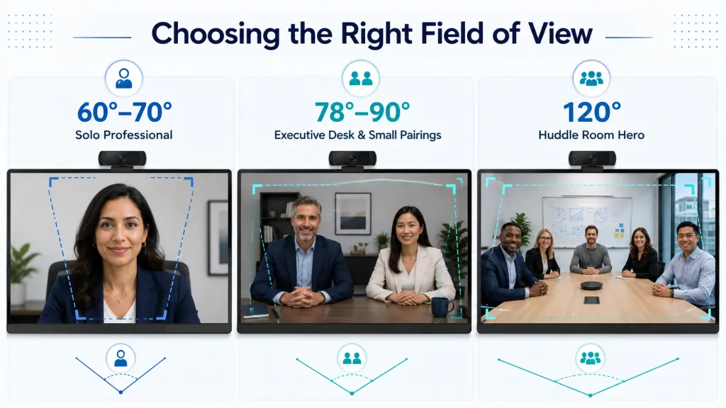 Infographic comparing webcam field of view options for solo use, two-person desk setups, and huddle room meetings.