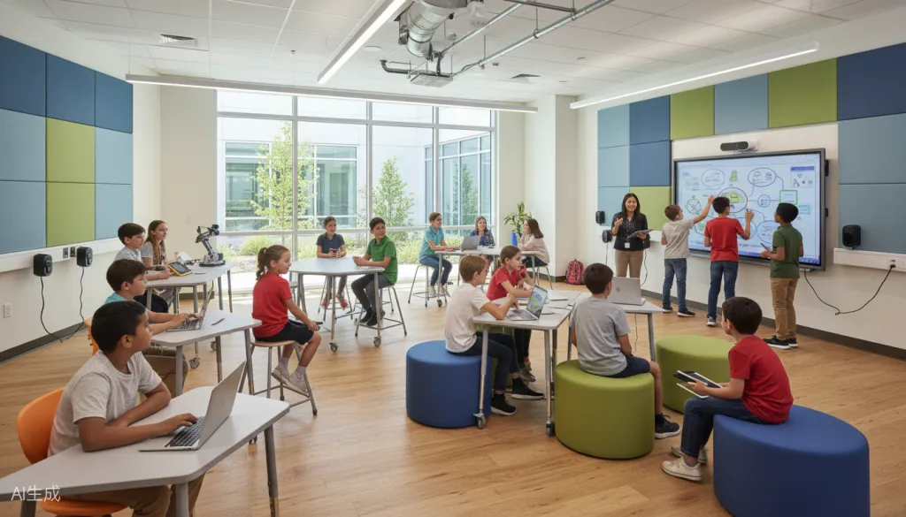 A modern K-12 classroom where students collaborate around an interactive smart whiteboard while using tablets and laptops for group activities